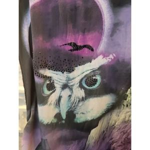 Only Womens Cap Sleeve Side Ruching Goth Eartheral Top Owl Dark Mountain Castle